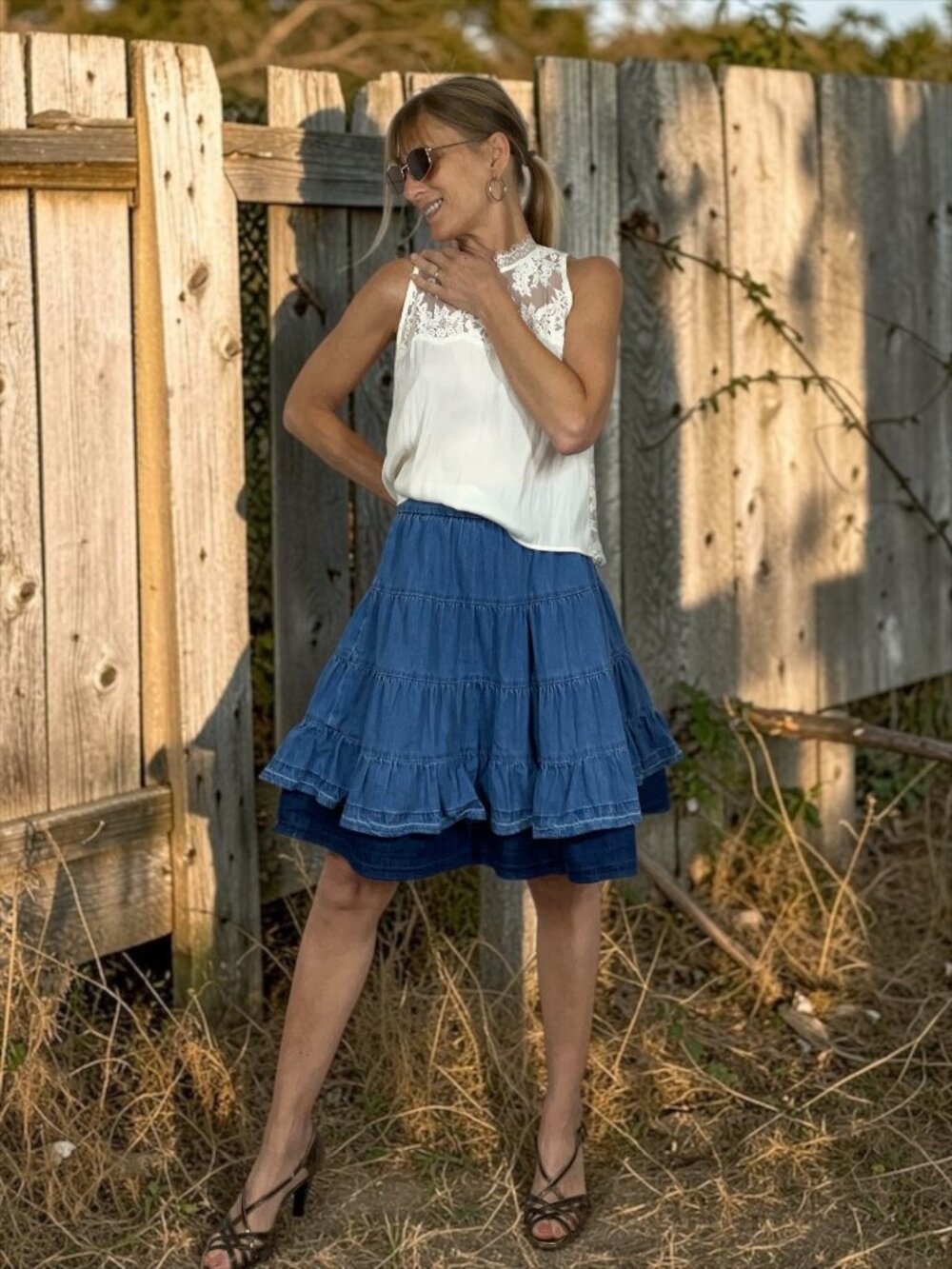 Sandro Ruched Tiered Denim Skirt 40 US 8 Blue Two Tone Cotton Western